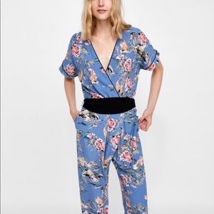 Zara Blue Floral Belted Jumpsuit - Size XS